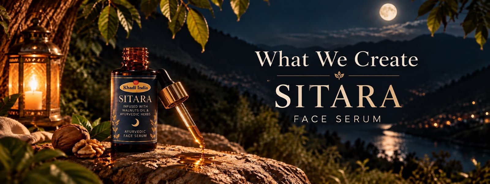Khadi India Shudita banner reading “Nature’s Goodness in Every Product — Traditional. Natural. Authentic. From the Himalayas.” Body Massage Oil, Handmade Goat Milk Soap, Himalayan Garam Masala and Kulhad Wali Chai Masala arranged above a Himalayan river valley, beside marks for 100% Natural, No Chemicals, Locally Sourced and Goodness for a Healthier You.