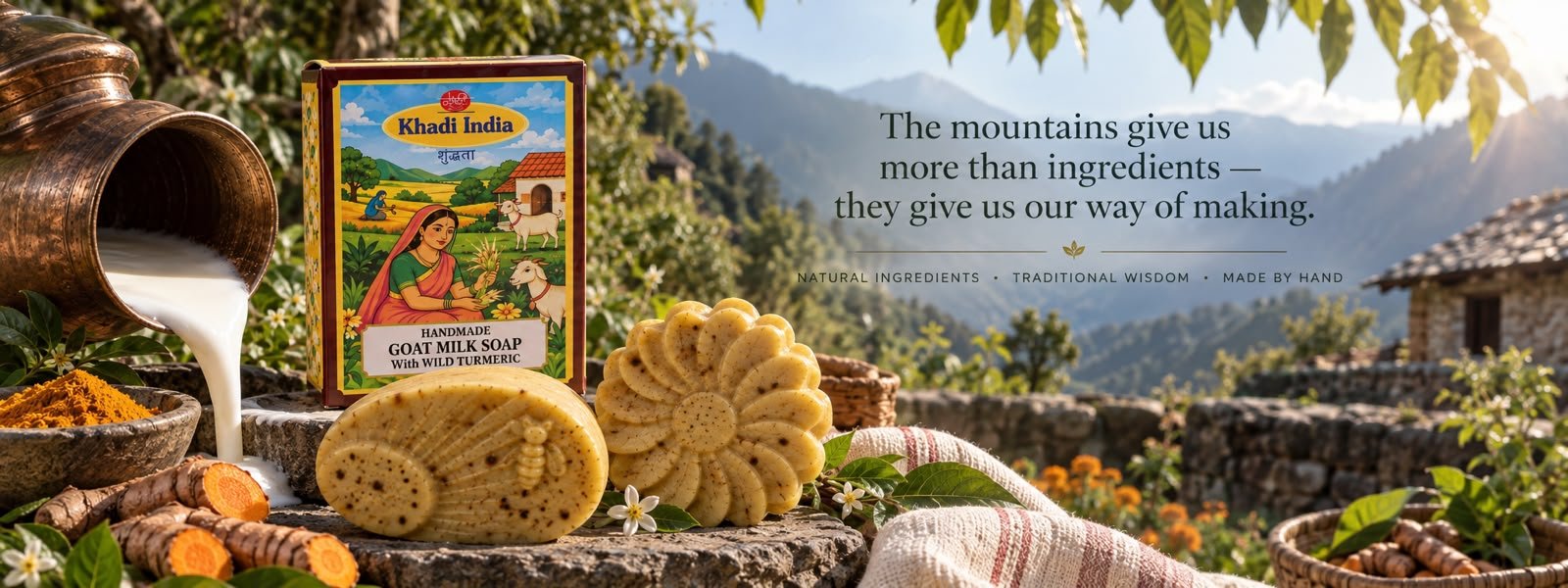 Khadi India Shudita banner reading “Nature’s Goodness in Every Product — Traditional. Natural. Authentic. From the Himalayas.” Body Massage Oil, Handmade Goat Milk Soap, Himalayan Garam Masala and Kulhad Wali Chai Masala arranged above a Himalayan river valley, beside marks for 100% Natural, No Chemicals, Locally Sourced and Goodness for a Healthier You.