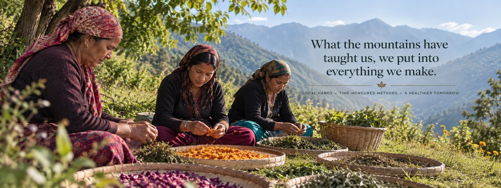 Khadi India Shudita banner reading “Nature’s Goodness in Every Product — Traditional. Natural. Authentic. From the Himalayas.” Body Massage Oil, Handmade Goat Milk Soap, Himalayan Garam Masala and Kulhad Wali Chai Masala arranged above a Himalayan river valley, beside marks for 100% Natural, No Chemicals, Locally Sourced and Goodness for a Healthier You.